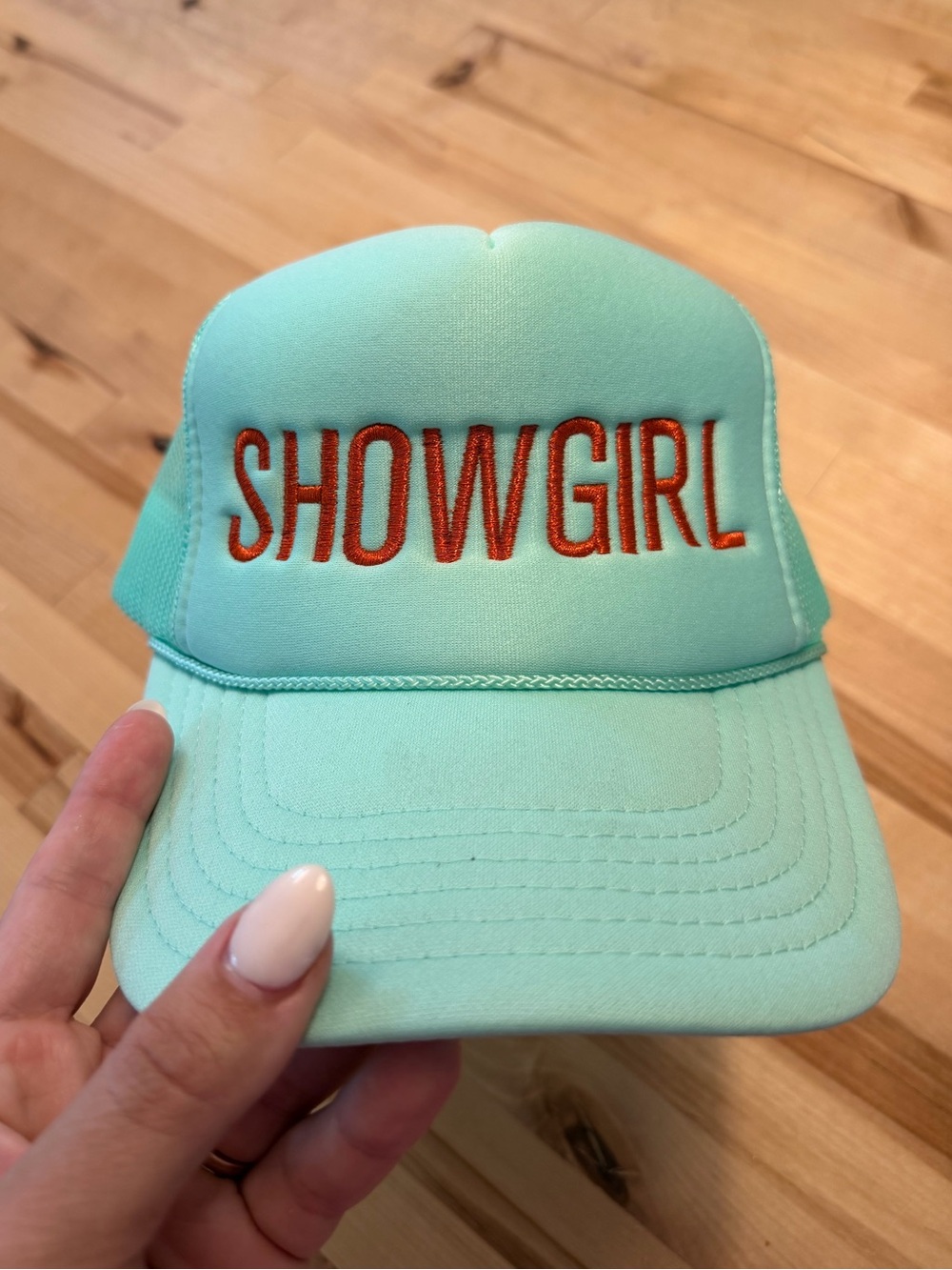 SHOWGIRL Mint Aqua Mesh Trucker Hat Orange Embroidered Western Rodeo Cap